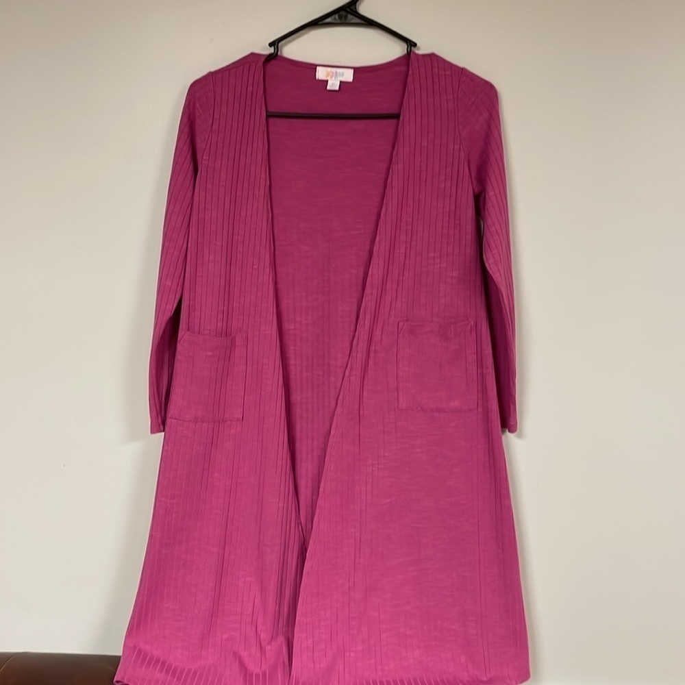 LuLaRoe L Roses purple/pink Long,  Ribbed Jacket  / Cardigan, 12